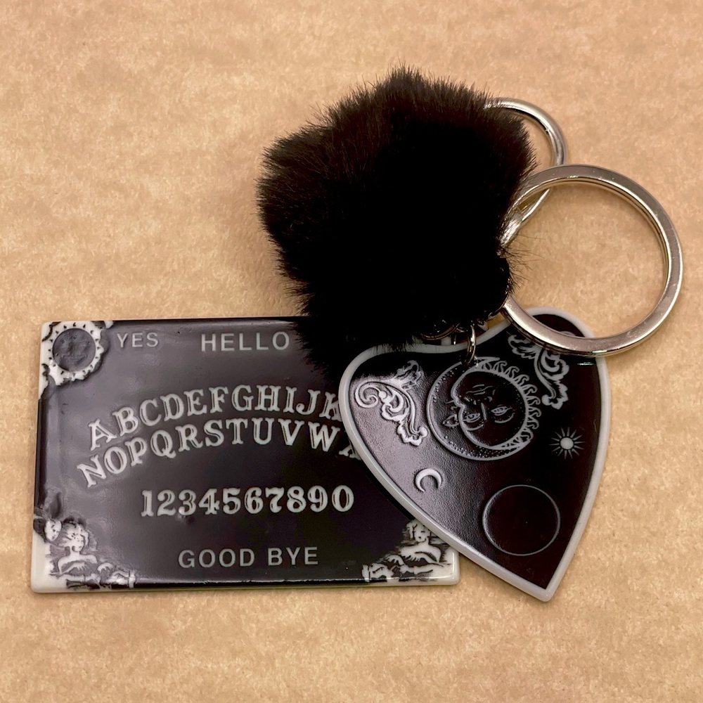 Black Ouija Board Keychain with Pom Pom Horror Halloween Goth Ghost - Picture 1 of 3